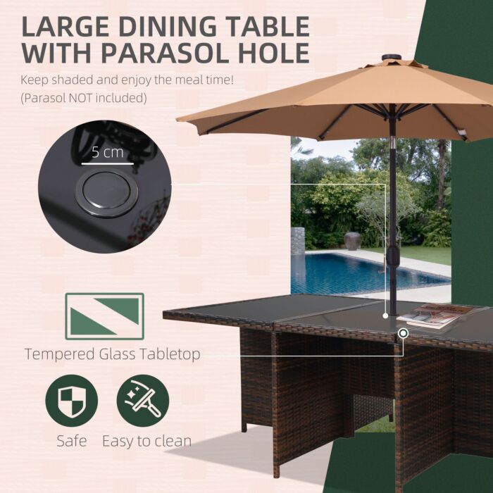 Outsunny Outdoor 11pc Rattan Garden Furniture Patio Dining Set 10-seater Cube Sofa Weave Wicker 6 Chairs 4 Footrests & 1 Table Mixed Brown