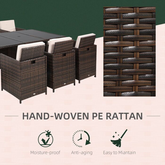 Outsunny Outdoor 11pc Rattan Garden Furniture Patio Dining Set 10-seater Cube Sofa Weave Wicker 6 Chairs 4 Footrests & 1 Table Mixed Brown