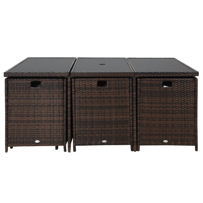Outsunny Outdoor 11pc Rattan Garden Furniture Patio Dining Set 10-seater Cube Sofa Weave Wicker 6 Chairs 4 Footrests & 1 Table Mixed Brown