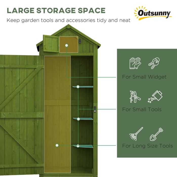 Outsunny Garden Shed Vertical Utility 3 Shelves Shed Wood Outdoor Garden Tool Storage Unit Storage Cabinet, 77 X 54.2 X 179cm - Green