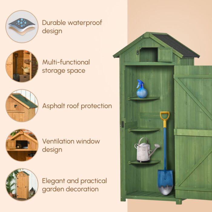 Outsunny Garden Shed Vertical Utility 3 Shelves Shed Wood Outdoor Garden Tool Storage Unit Storage Cabinet, 77 X 54.2 X 179cm - Green