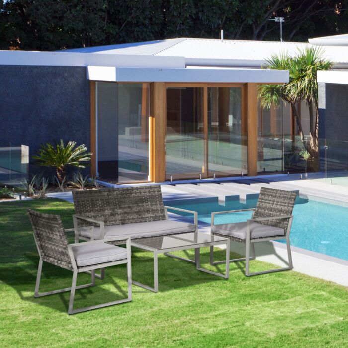 Outsunny 4-seater Rattan Garden Furniture Set 2 Single Sofa Arm Chairs 1 Bench With Cushions & Coffee Table Patio Backyard Wicker Weave