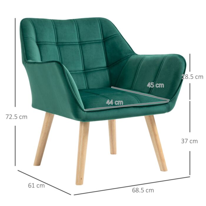 Homcom Accent Chair, Arm Chair With Wide Arms, Slanted Back, Thick Padding And Rubber Wooden Legs, Green