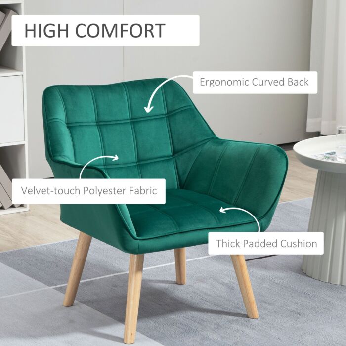 Homcom Accent Chair, Arm Chair With Wide Arms, Slanted Back, Thick Padding And Rubber Wooden Legs, Green