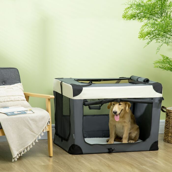Pawhut 91cm Foldable Pet Carrier, With Cushion, For Large Dogs And Cats - Grey