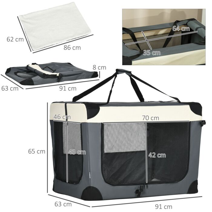 Pawhut 91cm Foldable Pet Carrier, With Cushion, For Large Dogs And Cats - Grey