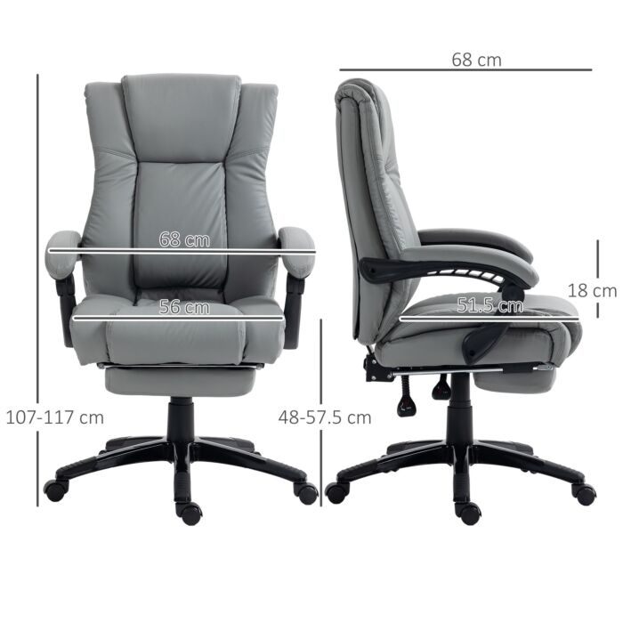 Vinsetto Pu Leather Office Chair, Swivel Computer Chair With Footrest, Wheels, Adjustable Height, Grey