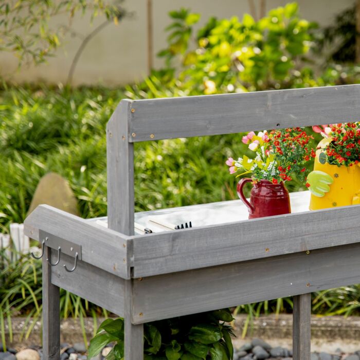 Outsunny Garden Potting Table, Wooden Workstation Bench W/ Galvanized Metal Tabletop, Drawer, Storage Shelves And Hooks For Courtyards, Balcony