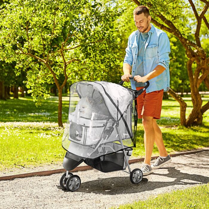 Pawhut Dog Stroller With Cover For Small Miniature Dogs, Folding Cat Pram Dog Pushchair With Cup Holder, Storage Basket, Reflective Strips, Grey