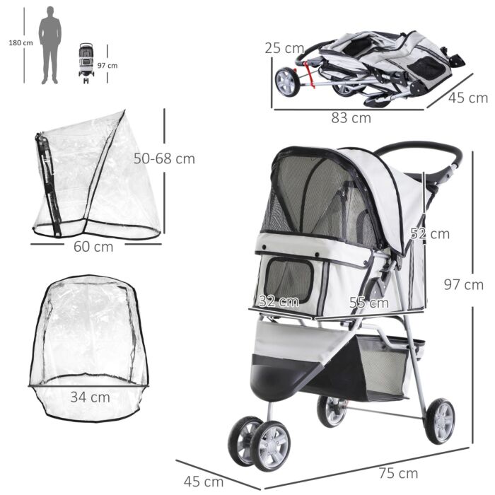 Pawhut Dog Stroller With Cover For Small Miniature Dogs, Folding Cat Pram Dog Pushchair With Cup Holder, Storage Basket, Reflective Strips, Grey