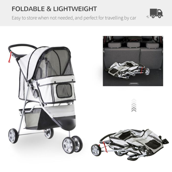 Pawhut Dog Stroller With Cover For Small Miniature Dogs, Folding Cat Pram Dog Pushchair With Cup Holder, Storage Basket, Reflective Strips, Grey