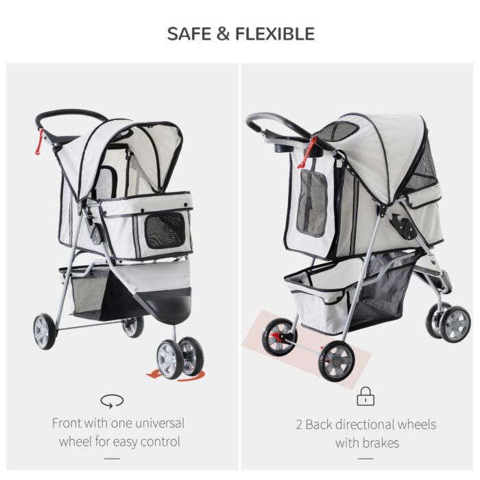 Pawhut Dog Stroller With Cover For Small Miniature Dogs, Folding Cat Pram Dog Pushchair With Cup Holder, Storage Basket, Reflective Strips, Grey