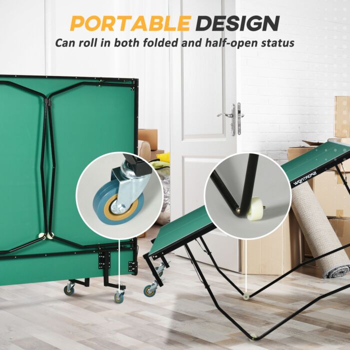 Sportnow 9ft Outdoor Folding Table, Tennis Table, With 8 Wheels, For Indoor And Outdoor Use - Green
