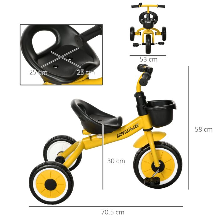 Aiyaplay Kids Trike, Tricycle, With Adjustable Seat, Basket, Bell, For Ages 2-5 Years - Yellow