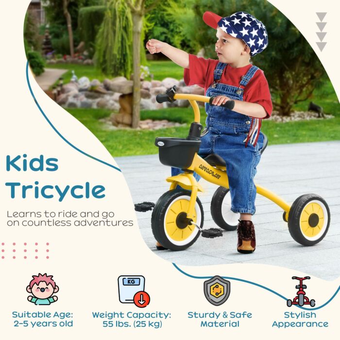 Aiyaplay Kids Trike, Tricycle, With Adjustable Seat, Basket, Bell, For Ages 2-5 Years - Yellow