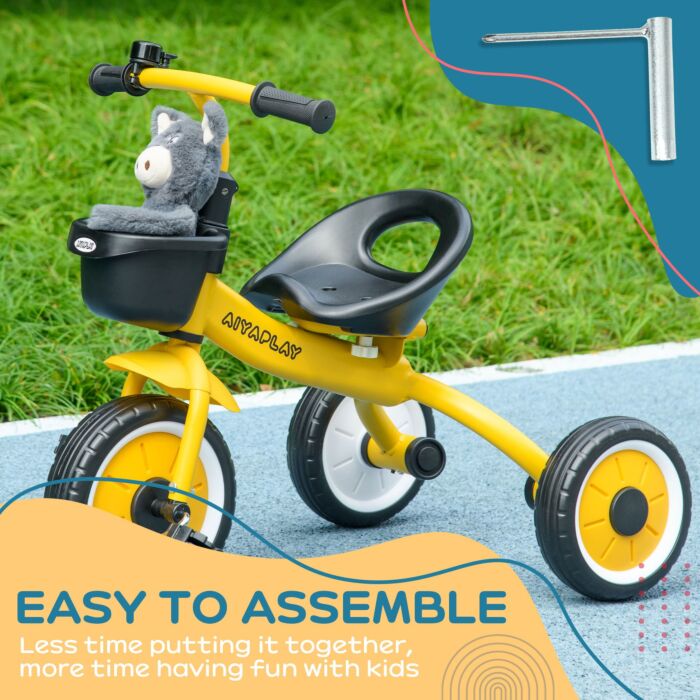 Aiyaplay Kids Trike, Tricycle, With Adjustable Seat, Basket, Bell, For Ages 2-5 Years - Yellow