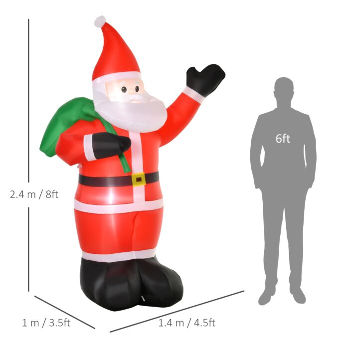 Homcom 2.4m Christmas Inflatable Santa Holiday Yard Decoration With Led Lights, Lawn Blow Up Decor
