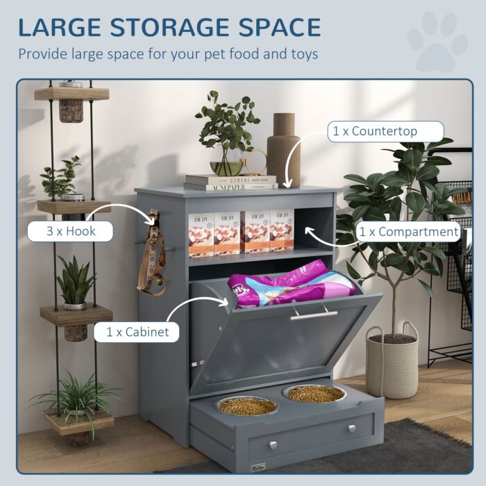 Pawhut Cat Feeding Station, Dog Food Storage Container With Dog Raised Bowls And Hanger For Feeding And Watering Supplies, Grey