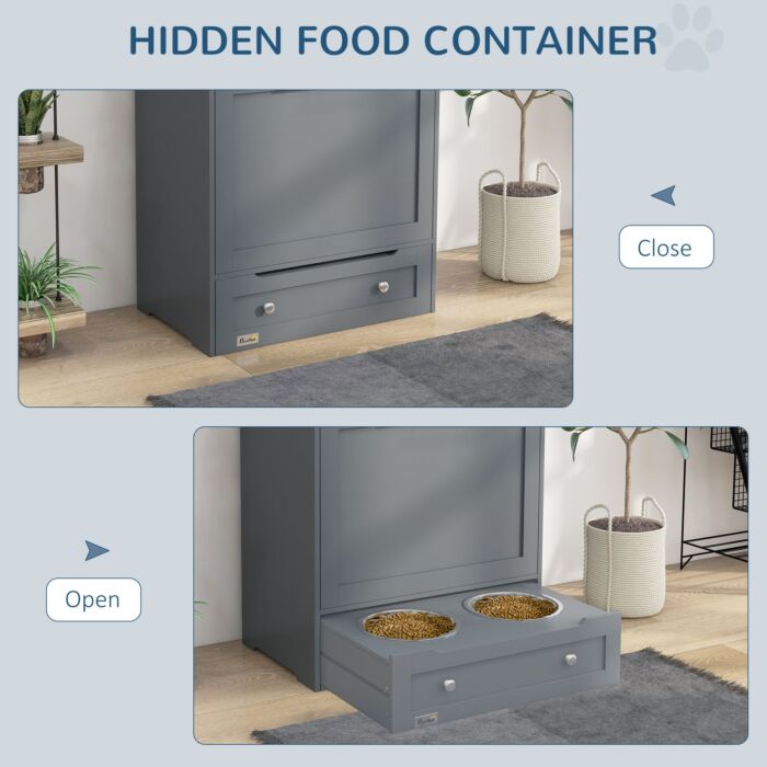 Pawhut Cat Feeding Station, Dog Food Storage Container With Dog Raised Bowls And Hanger For Feeding And Watering Supplies, Grey