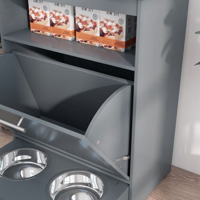 Pawhut Cat Feeding Station, Dog Food Storage Container With Dog Raised Bowls And Hanger For Feeding And Watering Supplies, Grey