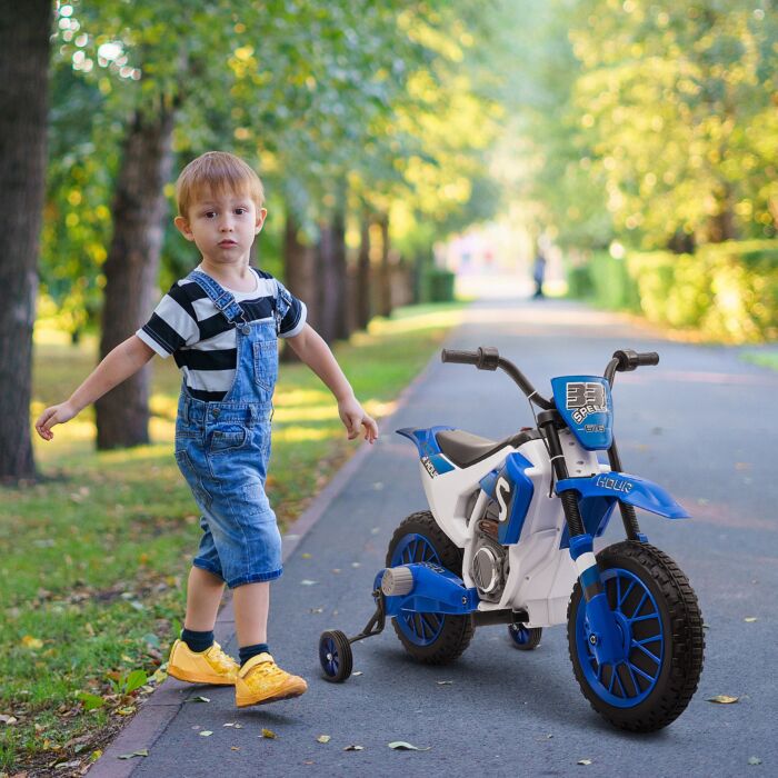 Homcom 12v Kids Electric Motorbike Ride On Motorcycle Vehicle Toy With Training Wheels For 3-5 Years Old, Blue