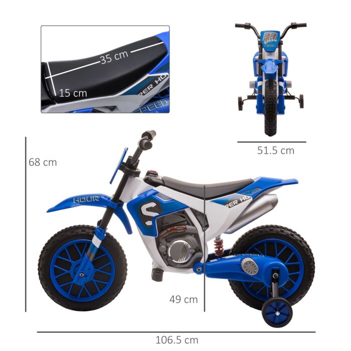 Homcom 12v Kids Electric Motorbike Ride On Motorcycle Vehicle Toy With Training Wheels For 3-5 Years Old, Blue