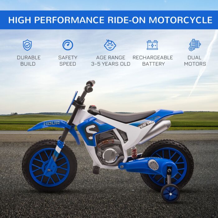 Homcom 12v Kids Electric Motorbike Ride On Motorcycle Vehicle Toy With Training Wheels For 3-5 Years Old, Blue