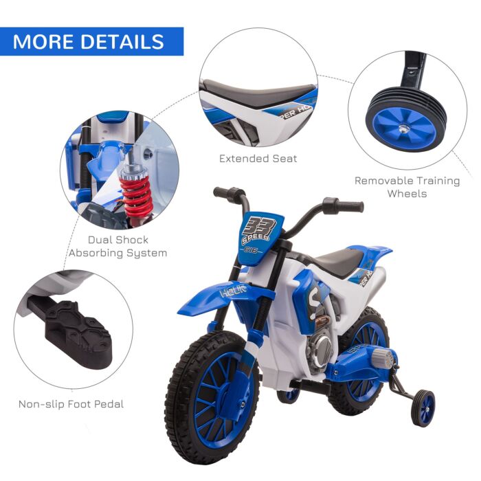 Homcom 12v Kids Electric Motorbike Ride On Motorcycle Vehicle Toy With Training Wheels For 3-5 Years Old, Blue