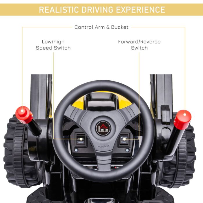Homcom Kids Digger Ride On Excavator 6v Battery Powered Construction Tractor Music Headlight Moving Forward Backward Gear For 3-5 Years Old Yellow
