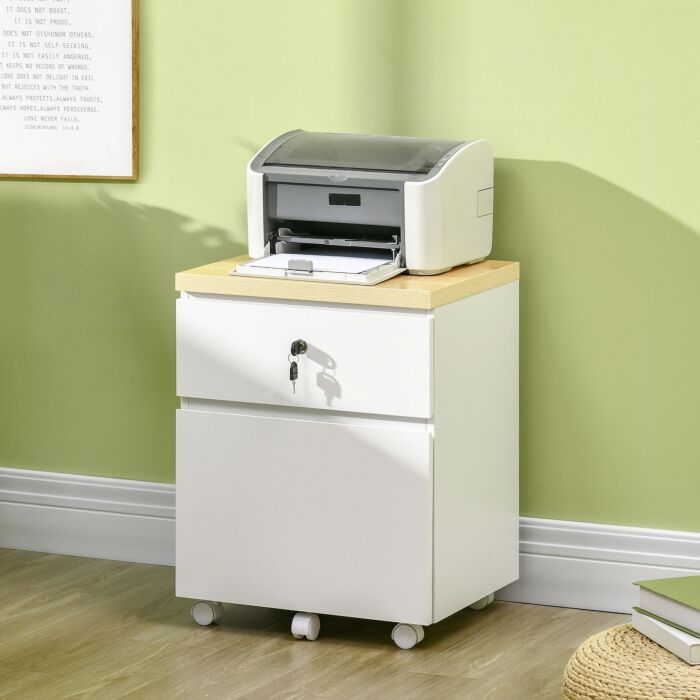 Vinsetto 2-drawer Filing Cabinet With Lock, Mobile File Cabinet With Hanging Bars For A4 Size And Wheels, Home Office Study, White