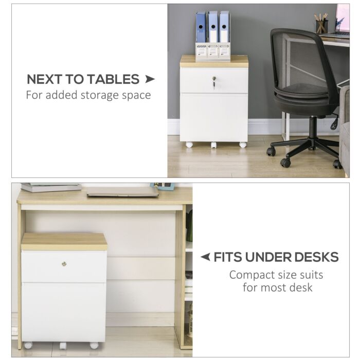 Vinsetto 2-drawer Filing Cabinet With Lock, Mobile File Cabinet With Hanging Bars For A4 Size And Wheels, Home Office Study, White