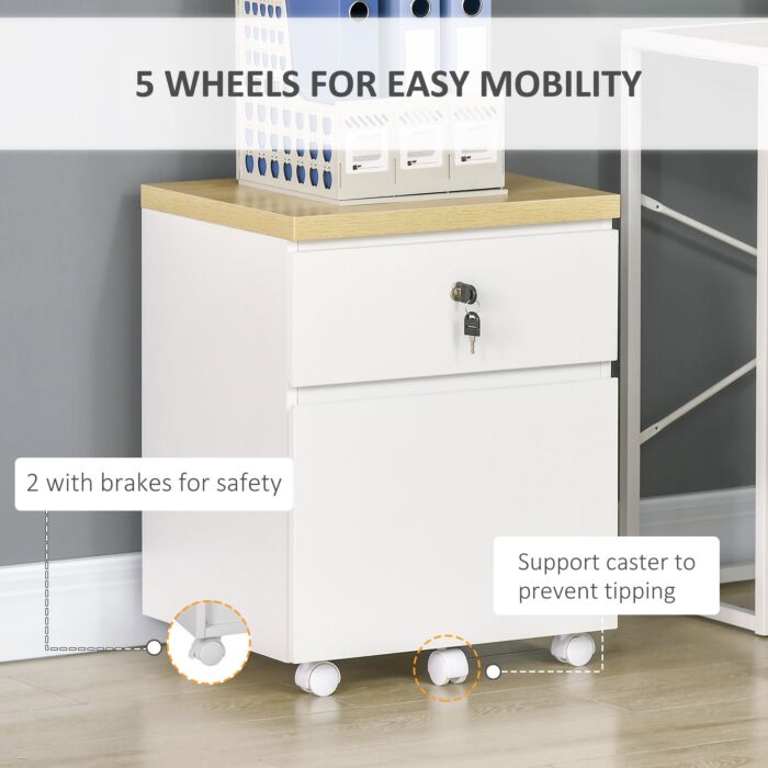 Vinsetto 2-drawer Filing Cabinet With Lock, Mobile File Cabinet With Hanging Bars For A4 Size And Wheels, Home Office Study, White