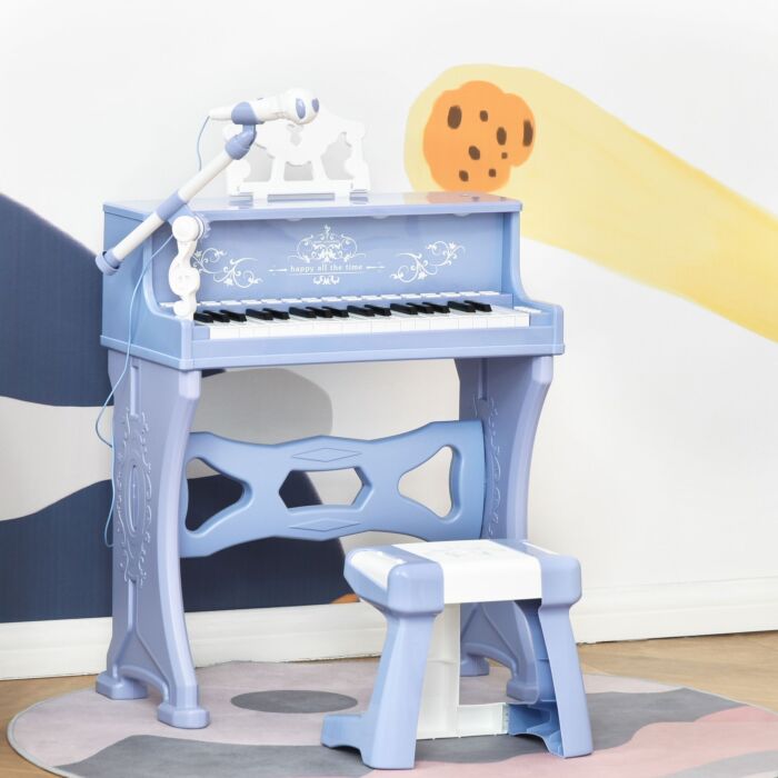 Homcom 37 Keys Mini Electronic Keyboard Light Kids Musical Instrument Educational Game Children Grand Piano Toy Set W/stool & Microphone & Music Blue