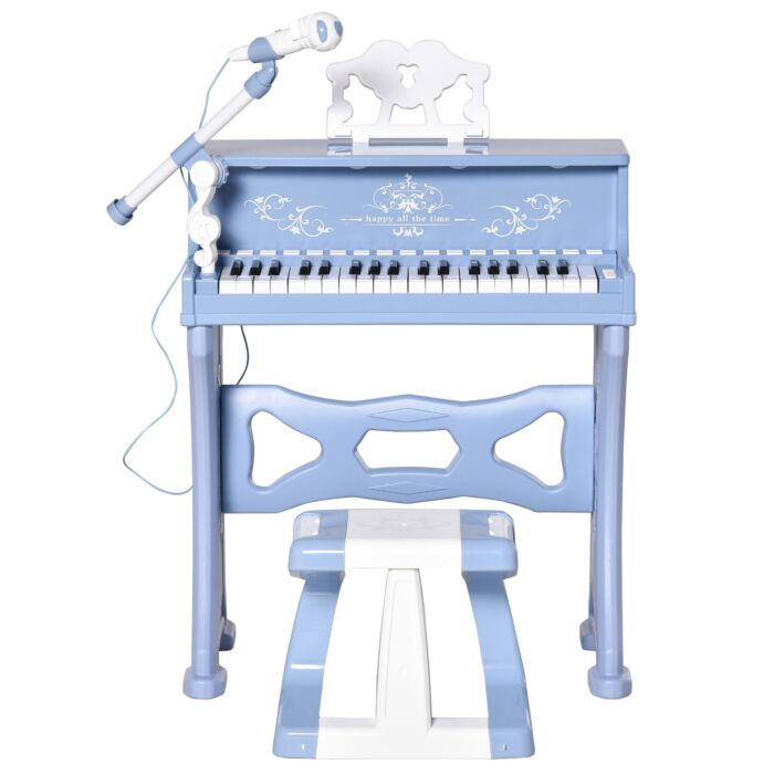Homcom 37 Keys Mini Electronic Keyboard Light Kids Musical Instrument Educational Game Children Grand Piano Toy Set W/stool & Microphone & Music Blue