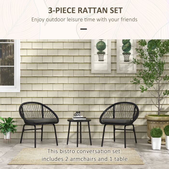 Outsunny 3 Piece Garden Furniture Set With Cushions, Round Pe Rattan Bistro Set W/ 2 Armchairs & Metal Plate Coffee Table