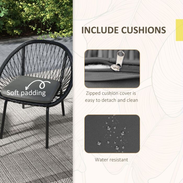 Outsunny 3 Piece Garden Furniture Set With Cushions, Round Pe Rattan Bistro Set W/ 2 Armchairs & Metal Plate Coffee Table