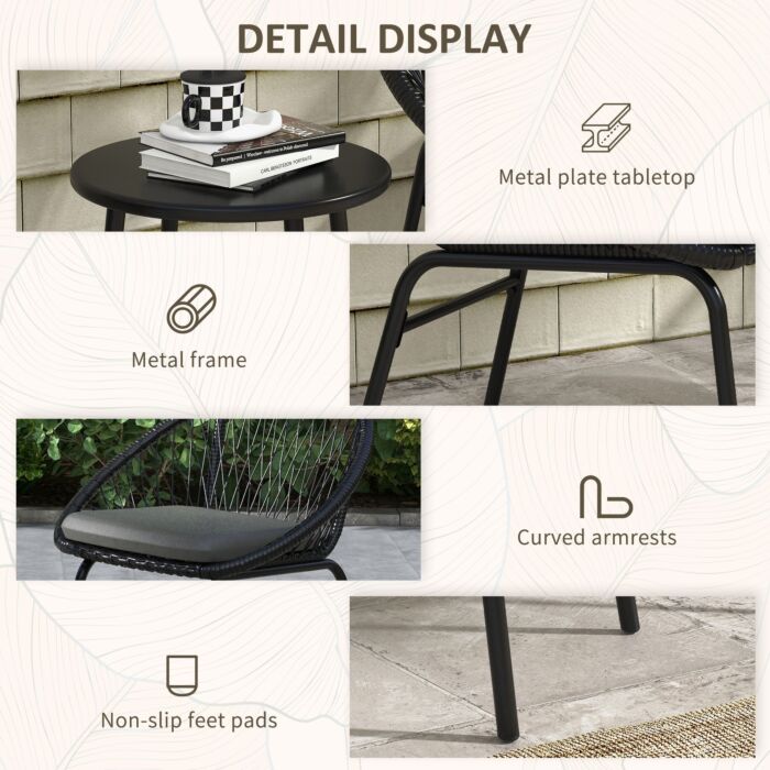 Outsunny 3 Piece Garden Furniture Set With Cushions, Round Pe Rattan Bistro Set W/ 2 Armchairs & Metal Plate Coffee Table