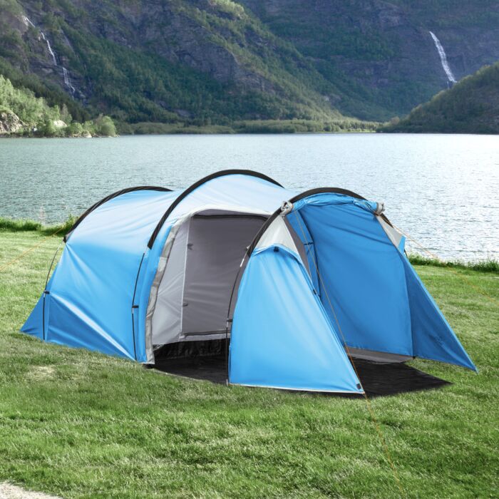 Outsunny 2-3 Man Tunnel Tents W/ Vestibule Camping Tent Porch Air Vents Rainfly Weather-resistant Shelter Fishing Hiking Festival Shelter Blue