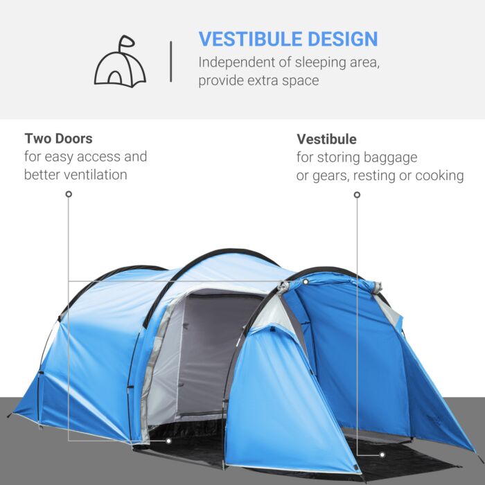 Outsunny 2-3 Man Tunnel Tents W/ Vestibule Camping Tent Porch Air Vents Rainfly Weather-resistant Shelter Fishing Hiking Festival Shelter Blue