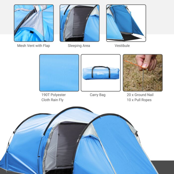 Outsunny 2-3 Man Tunnel Tents W/ Vestibule Camping Tent Porch Air Vents Rainfly Weather-resistant Shelter Fishing Hiking Festival Shelter Blue