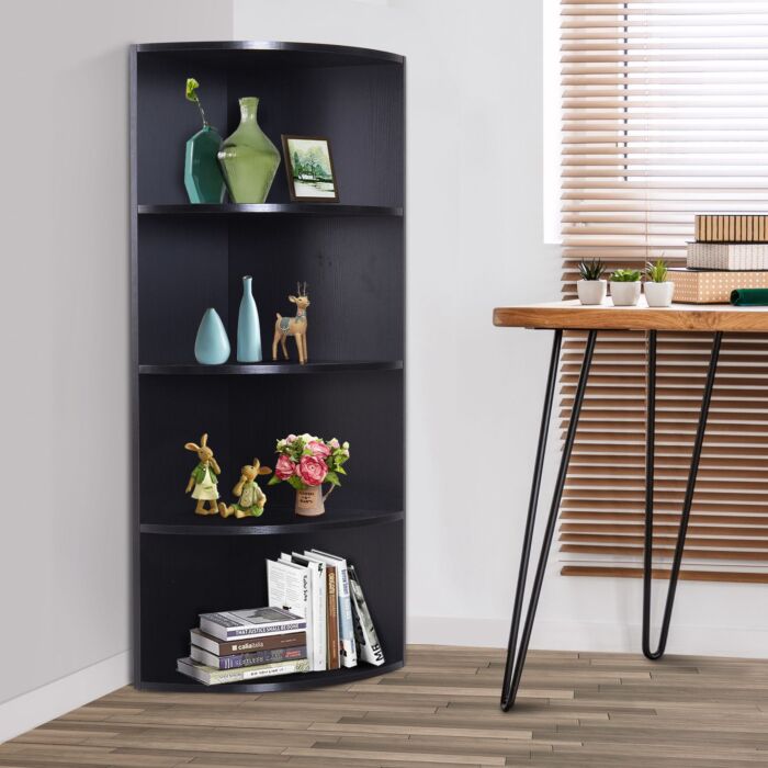 Homcom Wood Corner Shelf 4 Tier Unit Freestanding Bookshelf Plants Stand Display Shelf Modern Decoration Black