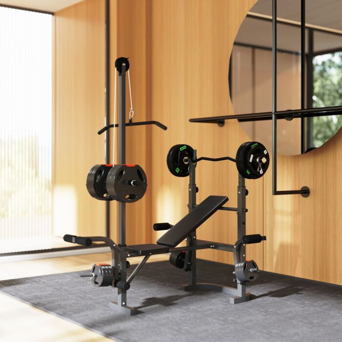 Sportnow Adjustable Weight Bench With Bench Press Rack, Preacher Curl Bench, Leg Extension And Lat Pull Down Machine, Incline Or Flat Workout Bench For Home Gym Strength Training Weight Lifting