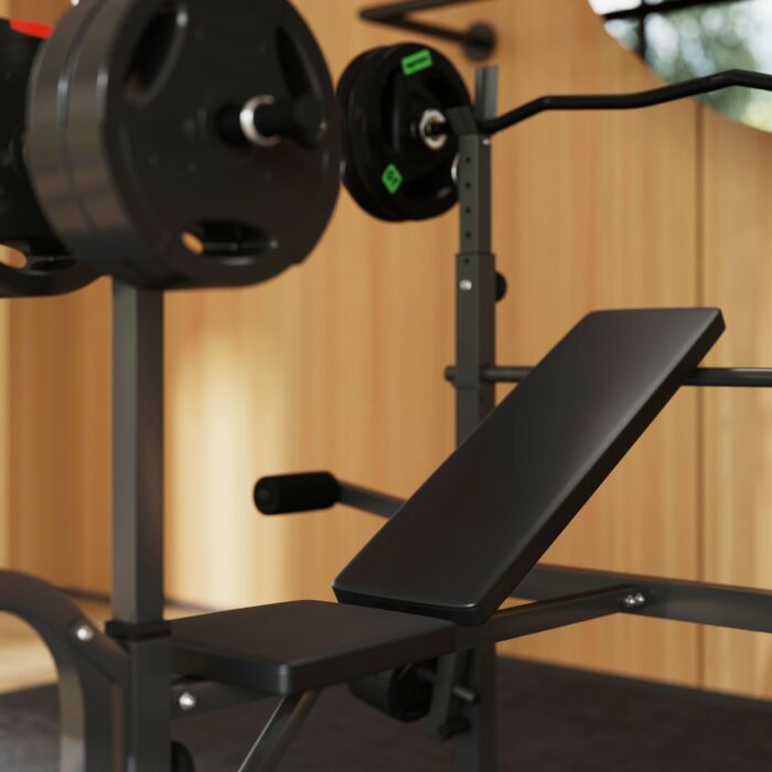 Sportnow Adjustable Weight Bench With Bench Press Rack, Preacher Curl Bench, Leg Extension And Lat Pull Down Machine, Incline Or Flat Workout Bench For Home Gym Strength Training Weight Lifting