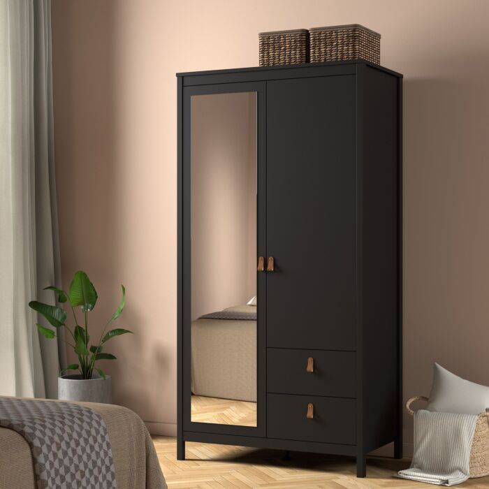 Barcelona Wardrobe With 1 Door + 1 Mirror Door + 2 Drawers Matt Black