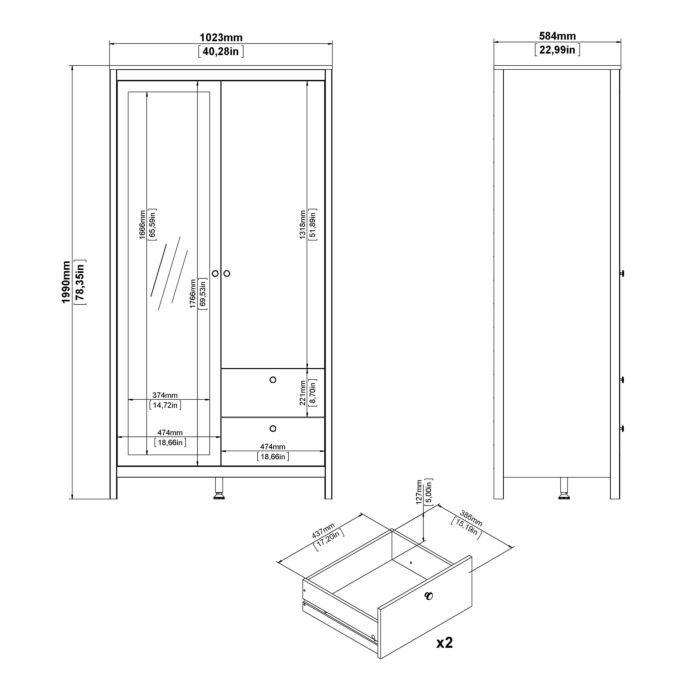 Barcelona Wardrobe With 1 Door + 1 Mirror Door + 2 Drawers Matt Black