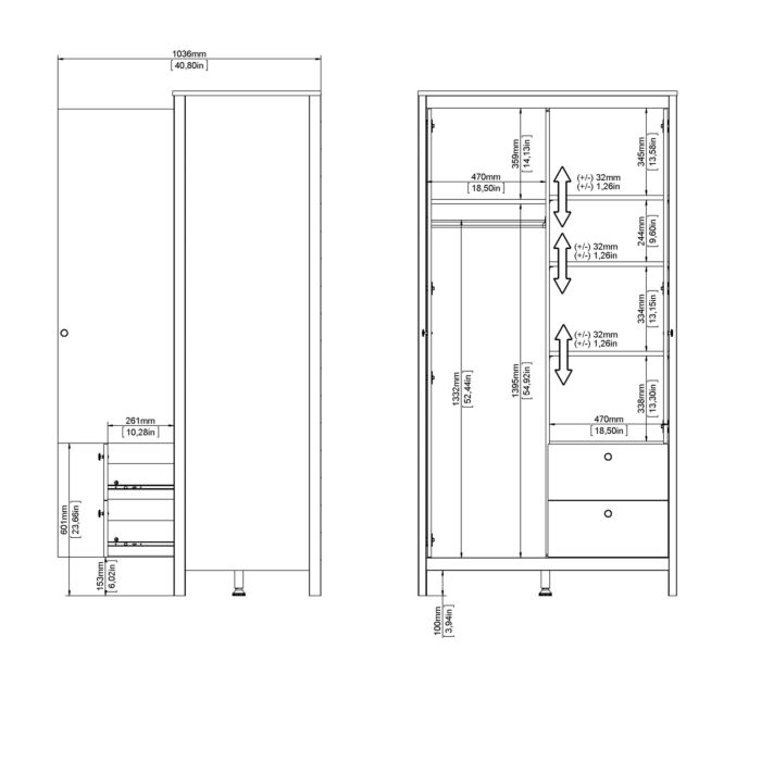 Barcelona Wardrobe With 1 Door + 1 Mirror Door + 2 Drawers Matt Black