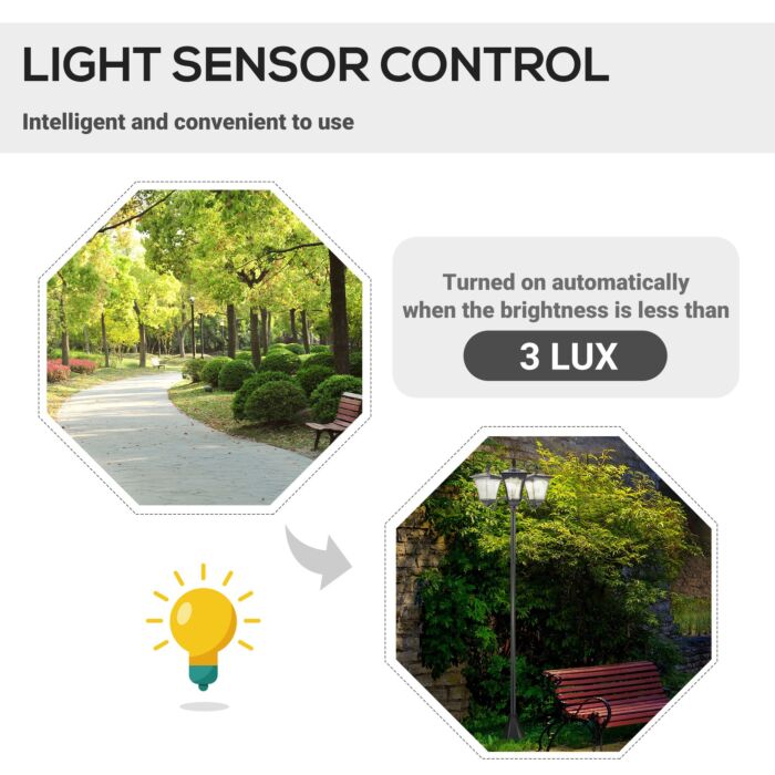 Outsunny 3-solar Powered Lamp Post, Ip44, 51.5lx47wx182.5h Cm-black