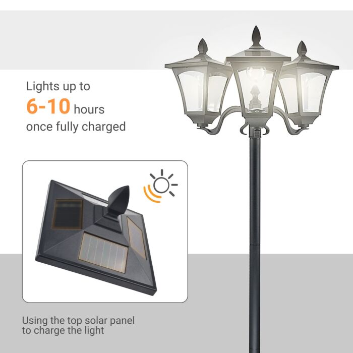 Outsunny 3-solar Powered Lamp Post, Ip44, 51.5lx47wx182.5h Cm-black