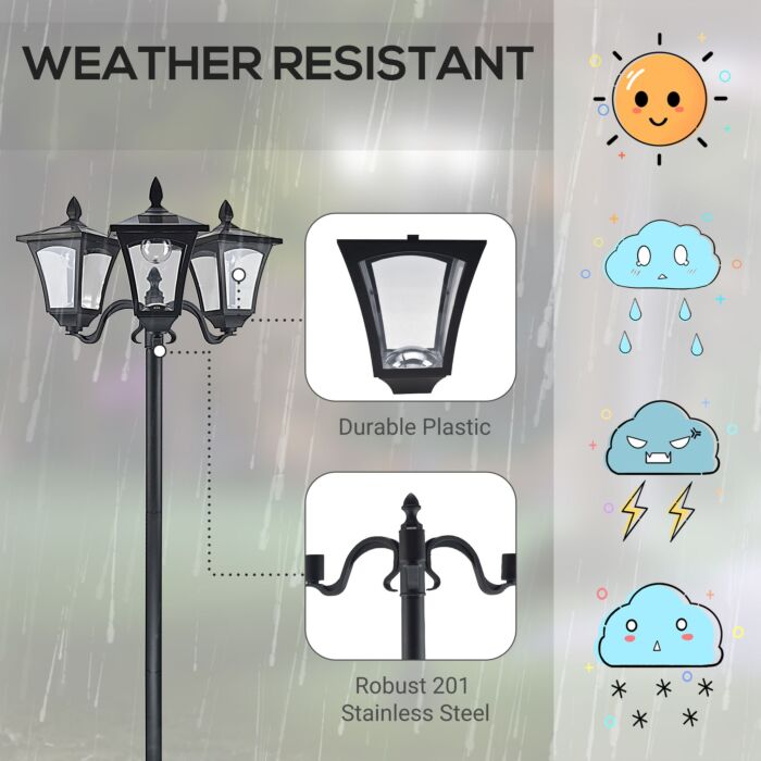 Outsunny 3-solar Powered Lamp Post, Ip44, 51.5lx47wx182.5h Cm-black