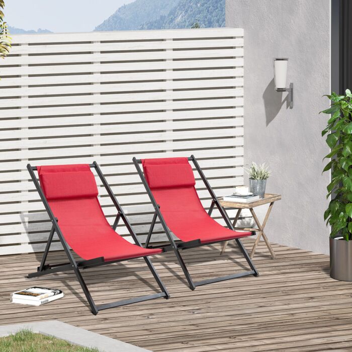 Outsunny Set Of 2 Folding Garden Beach Deck Chairs Deckchairs Seaside Folding Garden Patio Lounger, Red